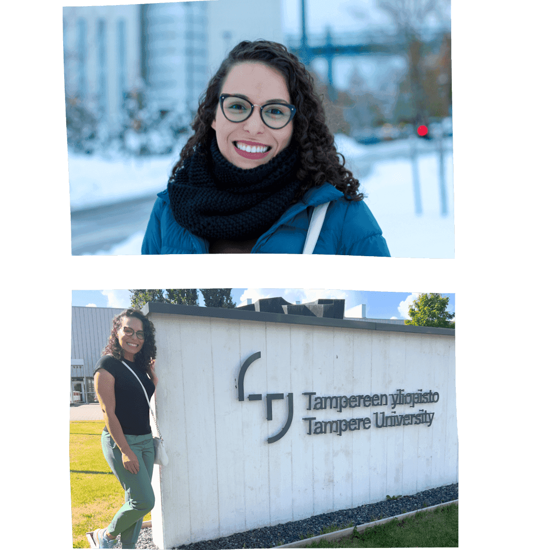 Bianca in Finland wintertime and in front of Tampere University